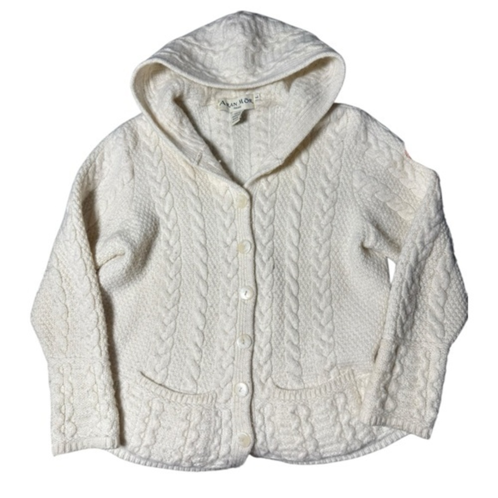 Aran Mor Cream Merino Wool Button Front Fisherman Sweater with Hood  Large